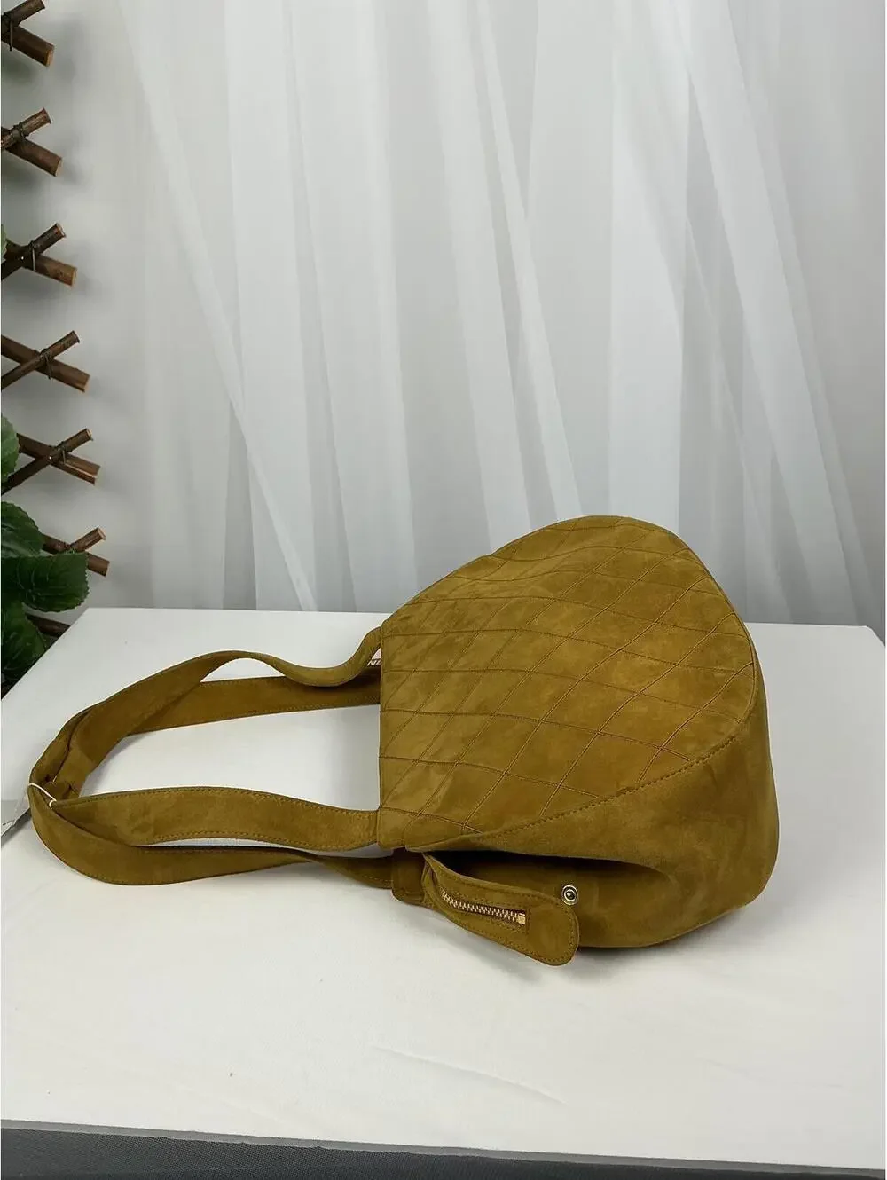 Chanel Mustard Yellow Quilted Suede Shoulder Bag Hobo Style 1999